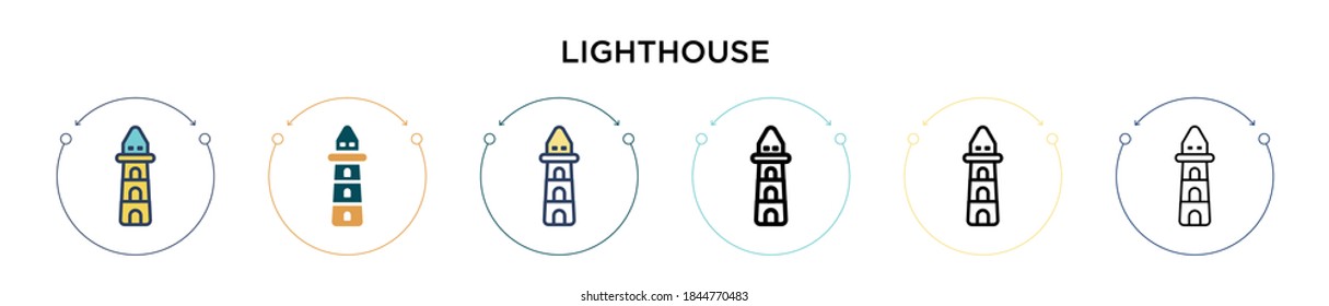Lighthouse icon in filled, thin line, outline and stroke style. Vector illustration of two colored and black lighthouse vector icons designs can be used for mobile, ui, web