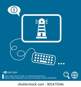Lighthouse icon and flat design elements. Line icons for application development, web page coding and programming, creative process, social media, print.