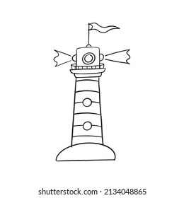 Lighthouse icon. Flat design style. Lighthouse simple silhouette. Doodle style white and red lighthouse vector coloring book illustration with colored simple and clean version isolated on white.