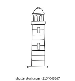 Lighthouse icon. Flat design style. Lighthouse simple silhouette. Doodle style white and red lighthouse vector coloring book illustration with colored simple and clean version isolated on white.