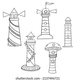 Lighthouse icon. Flat design style. Lighthouse simple silhouette. Doodle style white and red lighthouse vector coloring book illustration with colored simple and clean version isolated on white.