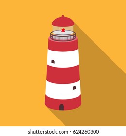 Lighthouse icon in flat style isolated on yellow background. Rest and travel symbol stock vector illustration.