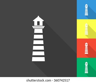 lighthouse icon - gray and colored (blue, yellow, red, green) vector illustration with long shadow