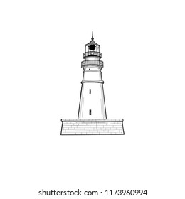 Lighthouse icon. Hand drawn sketch symbol of lighthouse tower. Line art nutical sign