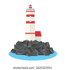 Lighthouse icon with a house on the rocks. Marine architecture. Navigation tower.