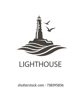 lighthouse icon image with ocean waves and seagulls