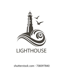 lighthouse icon image with ocean waves and seagulls