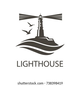imagen de icono del faro con olas oceánicas y gaviotas