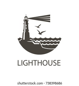 lighthouse icon image with ocean waves and seagulls