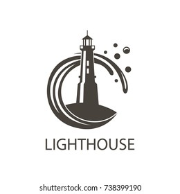 lighthouse icon image with ocean waves and seagulls