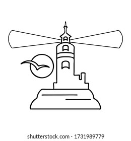 Lighthouse icon isolated on white background. Outline lighthouse logo for web design. Lighthouse searchlight, beacon tower, island beach coast. Modern linear simple logotype. Stock vector illustration