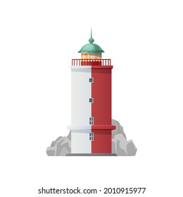 Lighthouse icon with isolated vector ocean and sea beacon tower, nautical navigation and marine travel design. Seaside beach light house building with dome, searchlight lamp panels and seashore rocks