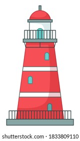 Lighthouse icon isolated at white, navigation building for ships, cartoon vector red lighthouse, beacon's tower with balcony, windows and spire, high building, watchtower, maritime concept, isolated