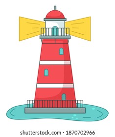 Lighthouse icon isolated at white, navigation building for ships, cartoon vector red lighthouse, beacon's tower with balcony, windows and spire, bright light, building, watchtower, maritime concept