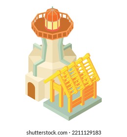 Lighthouse icon isometric vector. Beacon and wooden building under construction. Repair, reconstruction