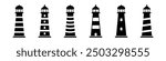 Lighthouse icon. Light house vector set. Shore light beacon. Isolated lighthouse silhouette.