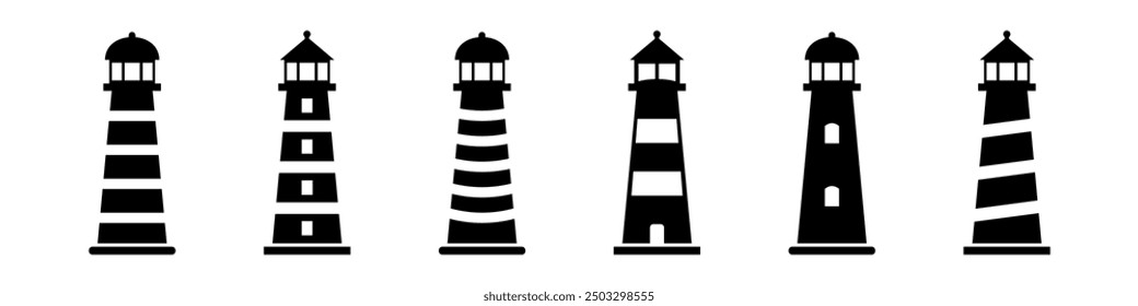 Lighthouse icon. Light house vector set. Shore light beacon. Isolated lighthouse silhouette.