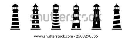 Lighthouse icon. Light house vector set. Shore light beacon. Isolated lighthouse silhouette.