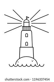 
Lighthouse icon with light and sea. black outline on a white background