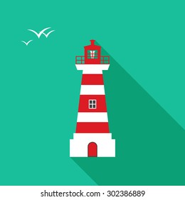 Lighthouse icon icon with long shadow. Flat design style. Lighthouse silhouette. Simple icon. Modern flat icon in stylish colors. Web site page and mobile app design element.