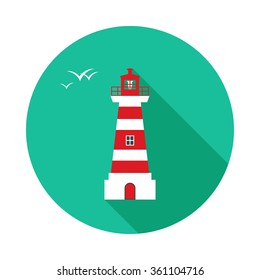 Lighthouse icon with long shadow. Flat design style. Round icon. Web and mobile design element.