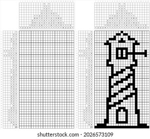 Lighthouse Icon Nonogram Pixel Art, Light Tower, Building For Navigational Aid For Sea, Inland Waterways, Logic Puzzle Game Griddlers, Pic-A-Pix, Picture Paint  Numbers, Picross, Vector Art Illustrati