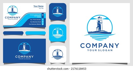 lighthouse icon with ocean waves and seagulls logo design. Vector illustration