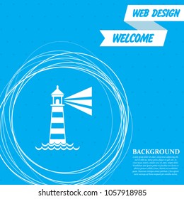 Lighthouse icon on a blue background with abstract circles around and place for your text. Vector illustration