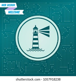Lighthouse icon on a green background, with arrows in different directions. It appears on the electronic board. Vector illustration