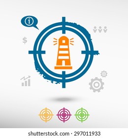 Lighthouse icon on target icons background. Flat illustration.