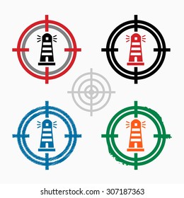 Lighthouse icon on target icons background. Crosshair icon. Vector illustration.
