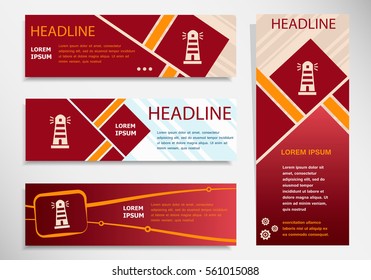 Lighthouse icon on vector website headers, business success concept. Modern abstract flyer, banner.