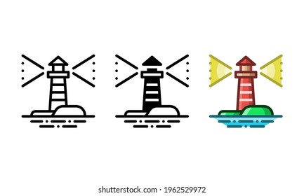 Lighthouse icon. With outline, glyph, and filled outline styles
