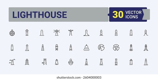 Lighthouse icon pack. Contains outline symbols like house, light, landmark, coast, tower, coastal, navigation and more. Minimal icons set. Direction vector line icon set. Editable vector stroke.