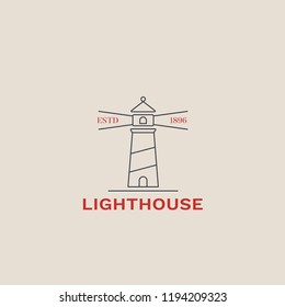 Lighthouse icon, sailing label or badge. Can be used for web projects, printing on t-shirt, logos, emblems with stylized lighthouse. Nautical logo design template.