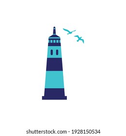 Lighthouse icon with seagulls on white isolated background. Vector.