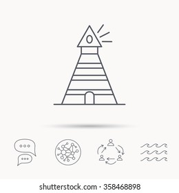 Lighthouse icon. Searchlight signal sign. Coast tower symbol. Global connect network, ocean wave and chat dialog icons. Teamwork symbol.