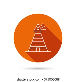 Lighthouse icon. Searchlight signal sign. Coast tower symbol. Round orange web button with shadow.