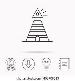 Lighthouse icon. Searchlight signal sign. Coast tower symbol. Download arrow, lamp, learn book and award medal icons.