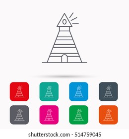 Lighthouse icon. Searchlight signal sign. Coast tower symbol. Linear icons in squares on white background. Flat web symbols. Vector