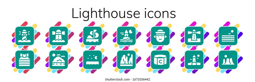 lighthouse icon set. 14 filled lighthouse icons.  Simple modern icons such as: Lighthouse, Sailor, Sea, Sailing, Ocean, Canyon, Captain