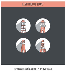 The Lighthouse Icon set of 4 icons - flat on white background with long shadows. Vector, editable