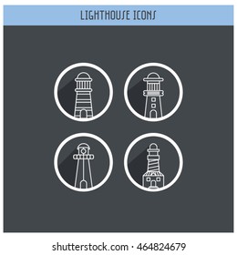The Lighthouse Icon set of 4 icons - flat with long shadows. Vector, editable