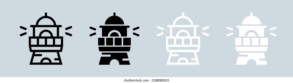 Lighthouse icon set in black and white colors. Beacon light signs vector illustration.
