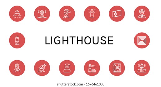 lighthouse icon set. Collection of Sea, Lighthouse, Portugal, Captain, Sailor, Ship in a bottle, Spellbook, Portuguese icons