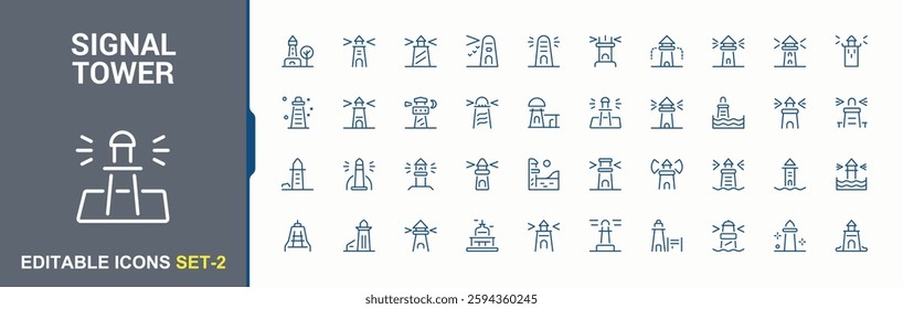 Lighthouse icon set. It contains symbols to beach, signal tower, direction, building, safety, signal, landscape, sea, marine. Outline vector. Trendy minimal icons.