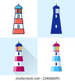 Lighthouse icon set in flat and line styles