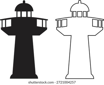 Ícone de farol definido em estilos de plano e contorno. Coleção de torre de farol costeiro de vetores e grupo para navegação marítima, segurança marítima, orientação portuária, viagem náutica e desenho do oceano ilustração.