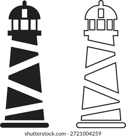 Ícone de farol definido em estilos de plano e contorno. Coleção de torre de farol costeiro de vetores e grupo para navegação marítima, segurança marítima, orientação portuária, viagem náutica e desenho do oceano ilustração.