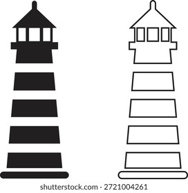 Ícone de farol definido em estilos de plano e contorno. Coleção de torre de farol costeiro de vetores e grupo para navegação marítima, segurança marítima, orientação portuária, viagem náutica e desenho do oceano ilustração.